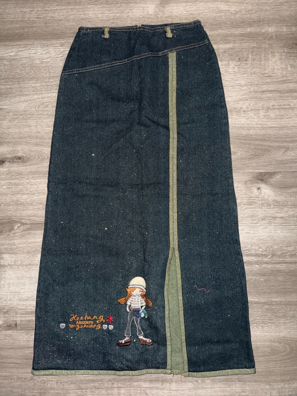 Dark Denim maxi Skirt with Embroidered Girl Detail